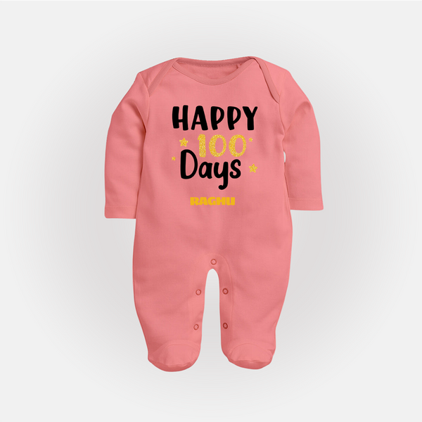 Happy 100 Days Sleep Suit | Personalized Baby Sleep Suit for 100 Days - PEACH - New Born (Chest 7.5")