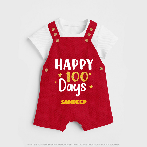 Happy 100 Days Dungaree Set | Personalized Baby Dungaree Set for 100 Days - RED - 0 - 5 Months Old (Chest 18")