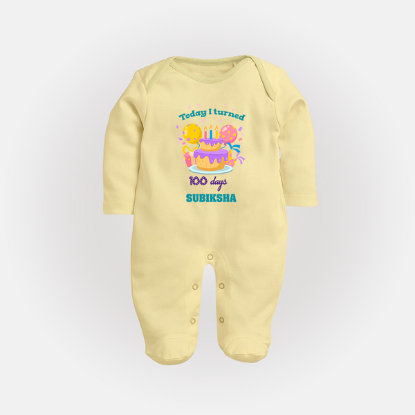 Today I Turned 100 Days | Personalized Baby Sleep Suit for 100 Days - PASTEL YELLOW - New Born (Chest 7.5")