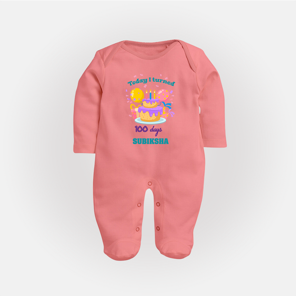 Today I Turned 100 Days | Personalized Baby Sleep Suit for 100 Days - PEACH - New Born (Chest 7.5")