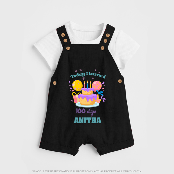Today I Turned 100 Days | Personalized Baby Dungaree Set for 100 Days - BLACK - 0 - 5 Months Old (Chest 18")