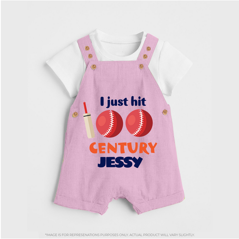 I Just Hit 100 Century Dungaree Set | Custom Baby Dungaree Set for 100 Days Celebration - BABY PINK - 0 - 5 Months Old (Chest 18")