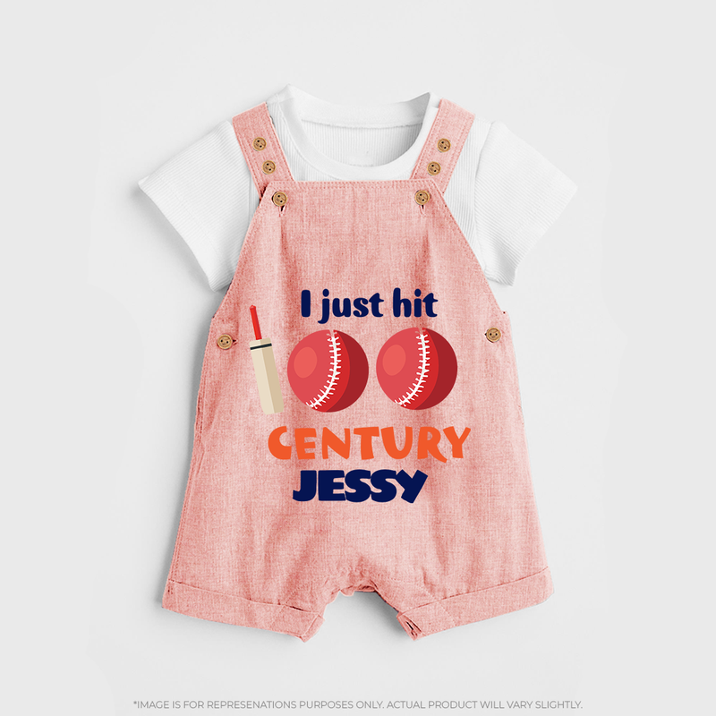 I Just Hit 100 Century Dungaree Set | Custom Baby Dungaree Set for 100 Days Celebration - PEACH - 0 - 5 Months Old (Chest 18")