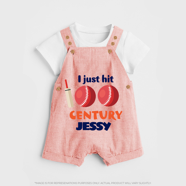 I Just Hit 100 Century Dungaree Set | Custom Baby Dungaree Set for 100 Days Celebration - PEACH - 0 - 5 Months Old (Chest 18")