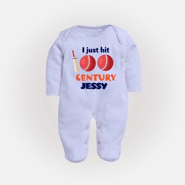 I Just Hit 100 Century Sleep Suit | Custom Baby Sleep Suit for 100 Days Celebration - BABY BLUE - New Born (Chest 7.5")