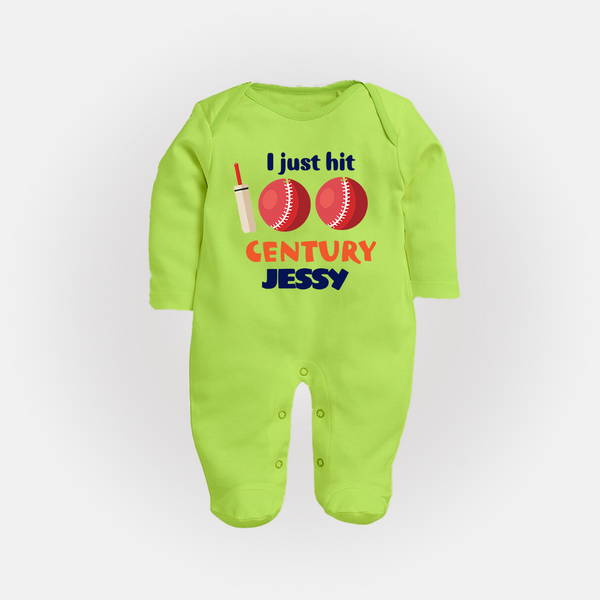 I Just Hit 100 Century Sleep Suit | Custom Baby Sleep Suit for 100 Days Celebration - LIME GREEN - New Born (Chest 7.5")