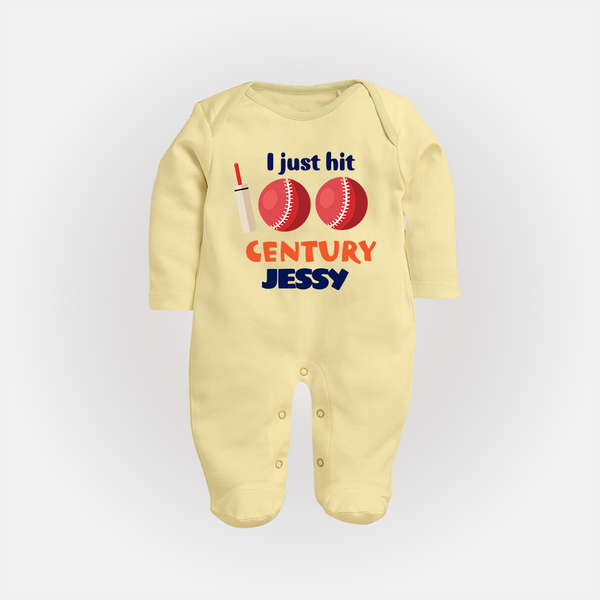 I Just Hit 100 Century Sleep Suit | Custom Baby Sleep Suit for 100 Days Celebration - PASTEL YELLOW - New Born (Chest 7.5")