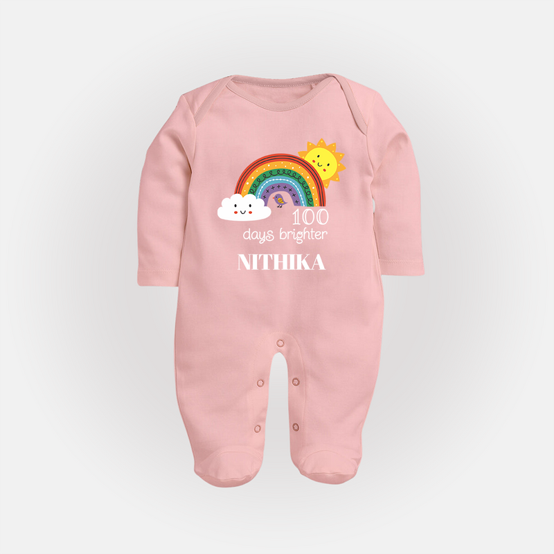 100 Days Brighter Sleep Suit | Personalized Baby Sleep Suit for 100 Days of Joy - BABY PINK - New Born (Chest 7.5")