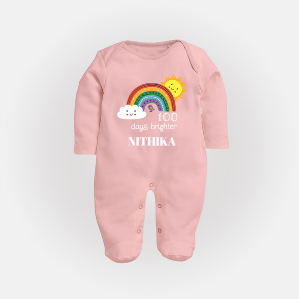 100 Days Brighter Sleep Suit | Personalized Baby Sleep Suit for 100 Days of Joy - BABY PINK - New Born (Chest 7.5")