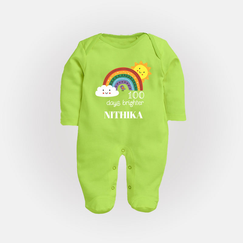 100 Days Brighter Sleep Suit | Personalized Baby Sleep Suit for 100 Days of Joy - LIME GREEN - New Born (Chest 7.5")