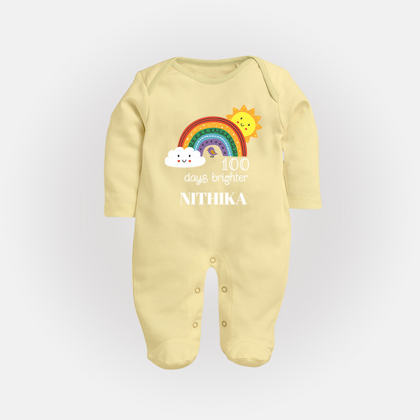 100 Days Brighter Sleep Suit | Personalized Baby Sleep Suit for 100 Days of Joy - PASTEL YELLOW - New Born (Chest 7.5")