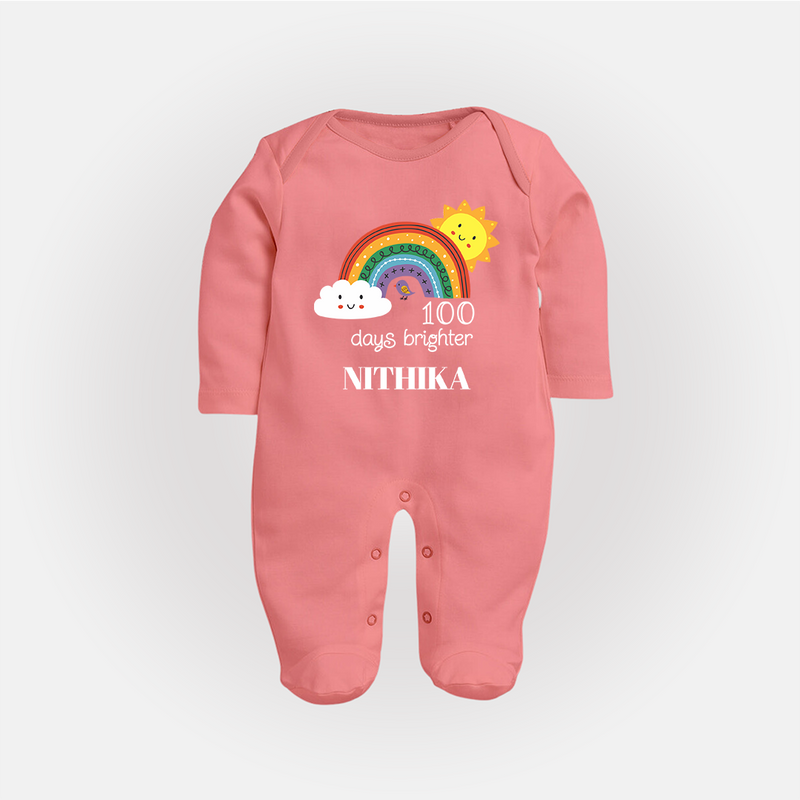 100 Days Brighter Sleep Suit | Personalized Baby Sleep Suit for 100 Days of Joy - PEACH - New Born (Chest 7.5")
