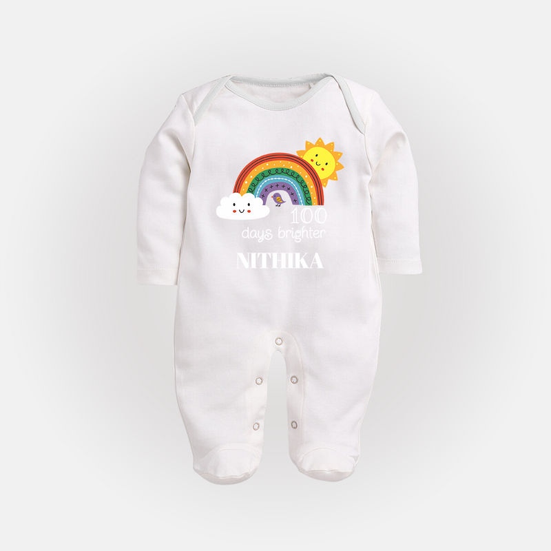 100 Days Brighter Sleep Suit | Personalized Baby Sleep Suit for 100 Days of Joy - WHITE - New Born (Chest 7.5")