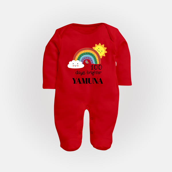 100 Days Brighter Sleep Suit | Personalized Baby Sleep Suit for 100 Days of Joy - RED - New Born (Chest 7.5")