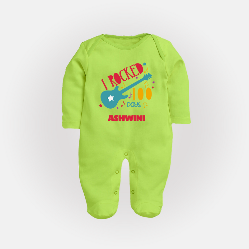 I Rocked 100 Days Sleep Suit | Custom Baby Sleep Suit for 100 Days Celebration - LIME GREEN - New Born (Chest 7.5")