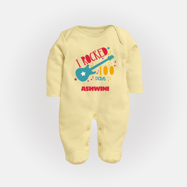I Rocked 100 Days Sleep Suit | Custom Baby Sleep Suit for 100 Days Celebration - PASTEL YELLOW - New Born (Chest 7.5")
