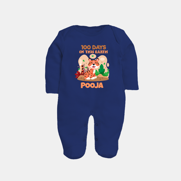 100 Days on This Earth Sleep Suit | Personalized Baby Sleep Suit for 100 Days - NAVY BLUE - New Born (Chest 7.5")