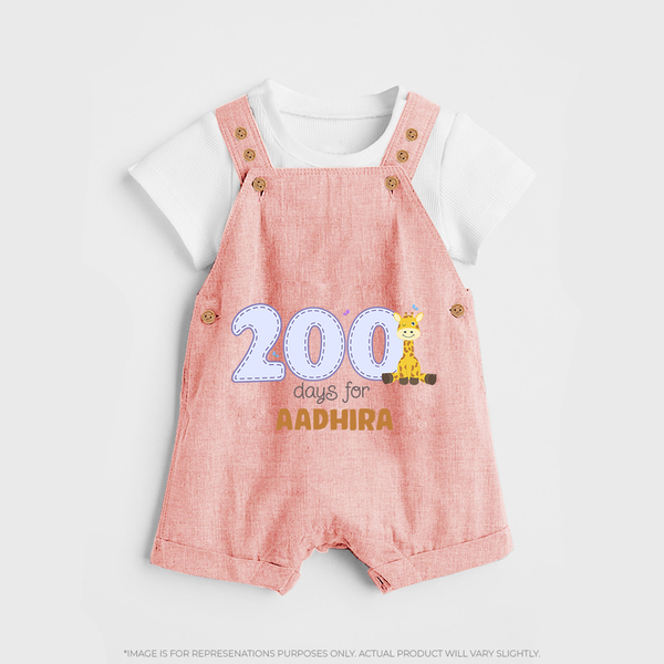 200 Days Old Dungaree Set | Personalized Baby Dungaree Set for 200 Days Milestone - PEACH - 0 - 5 Months Old (Chest 18")