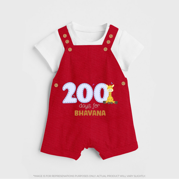 200 Days Old Dungaree Set | Personalized Baby Dungaree Set for 200 Days Milestone - RED - 0 - 5 Months Old (Chest 18")