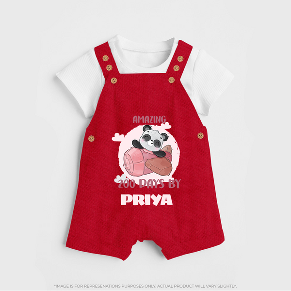 Amazing 200 Days Dungaree Set | Custom Baby Dungaree Set for 200 Days Celebration - RED - 0 - 5 Months Old (Chest 18")