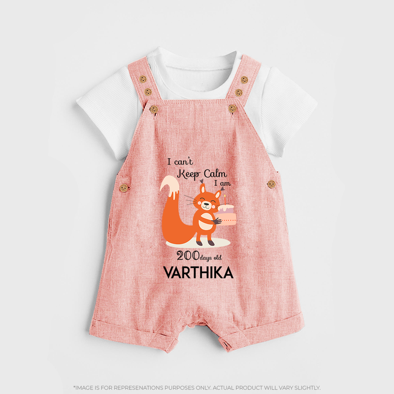 I Can’t Keep Calm I Am 200 Days Old Dungaree Set | Personalized Baby Dungaree Set for 200 Days - PEACH - 0 - 5 Months Old (Chest 18")