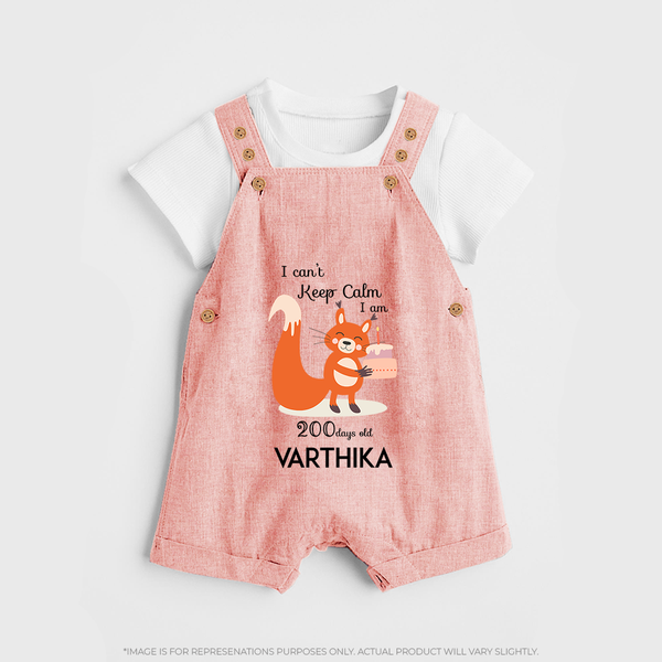 I Can’t Keep Calm I Am 200 Days Old Dungaree Set | Personalized Baby Dungaree Set for 200 Days - PEACH - 0 - 5 Months Old (Chest 18")