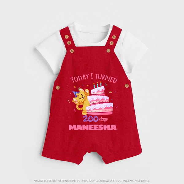 Today I Turned 200 Days Dungaree Set | Custom Baby Dungaree Set for 200 Days Celebration - RED - 0 - 5 Months Old (Chest 18")