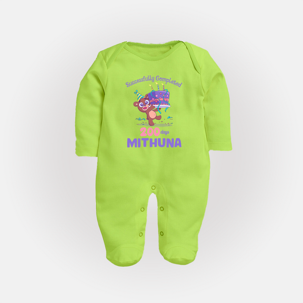 Successfully Completed 200 Days Sleep Suit | Personalized Baby Sleep Suit for 200 Days - LIME GREEN - New Born (Chest 7.5")