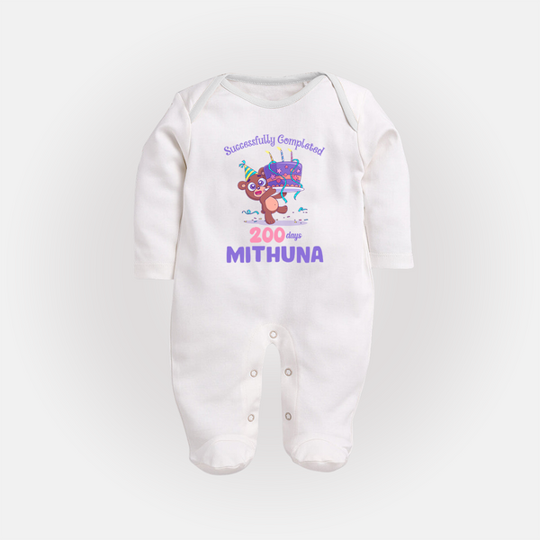 Successfully Completed 200 Days Sleep Suit | Personalized Baby Sleep Suit for 200 Days - WHITE - New Born (Chest 7.5")