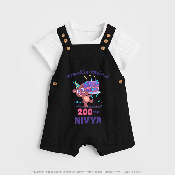 Successfully Completed 200 Days Dungaree Set | Personalized Baby Dungaree Set for 200 Days - BLACK - 0 - 5 Months Old (Chest 18")