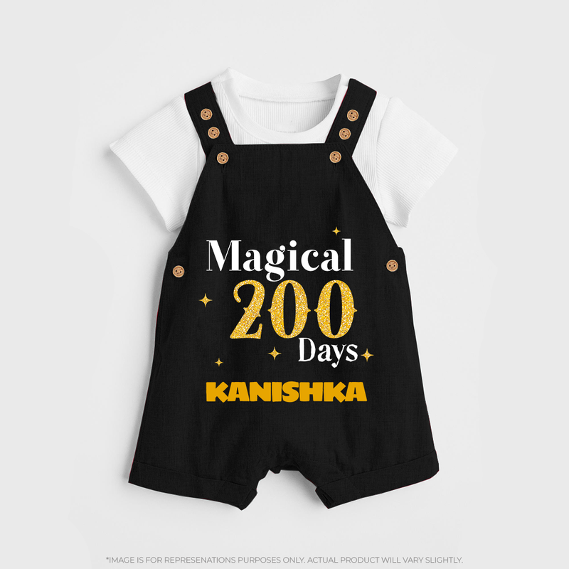 Magical 200 Days Dungaree Set | Custom Baby Dungaree Set for 200 Days Milestone - BLACK - 0 - 5 Months Old (Chest 18")