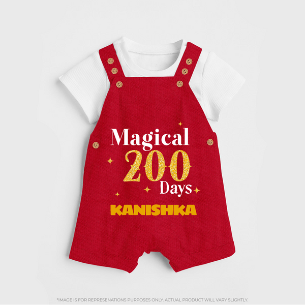 Magical 200 Days Dungaree Set | Custom Baby Dungaree Set for 200 Days Milestone - RED - 0 - 5 Months Old (Chest 18")