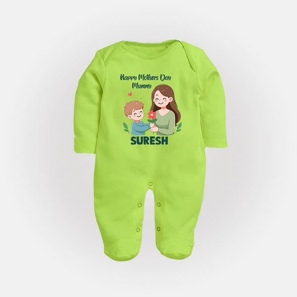 Happy Mother’s Day Mummy Baby Full body suit Set – Cute Mom & Baby Outfit - LIME GREEN - New Born (Chest 7.5")