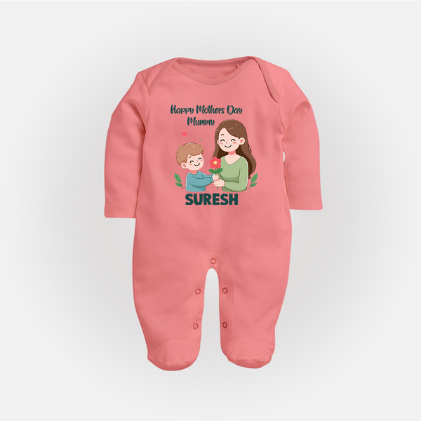Happy Mother’s Day Mummy Baby Full body suit Set – Cute Mom & Baby Outfit - PEACH - New Born (Chest 7.5")
