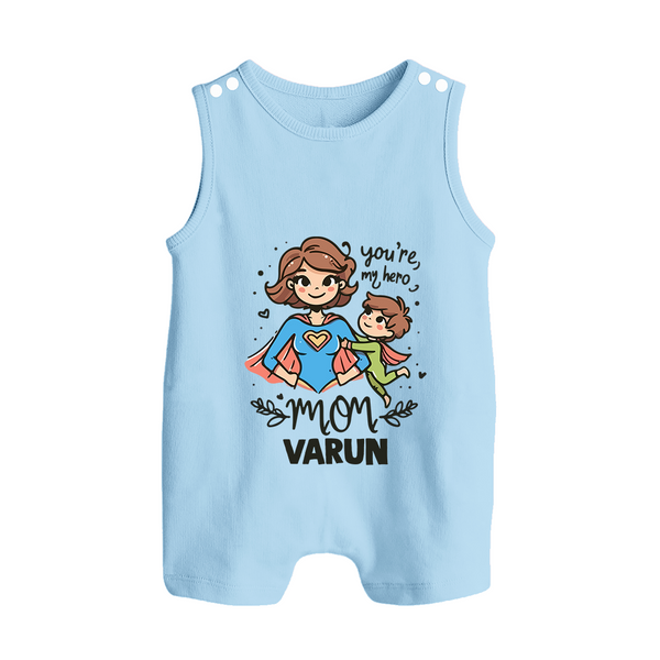You’re My Hero Mom Baby BUTTON ROMPER Set – Super Mom Theme Outfit - BABY BLUE - New Born (Chest 18")