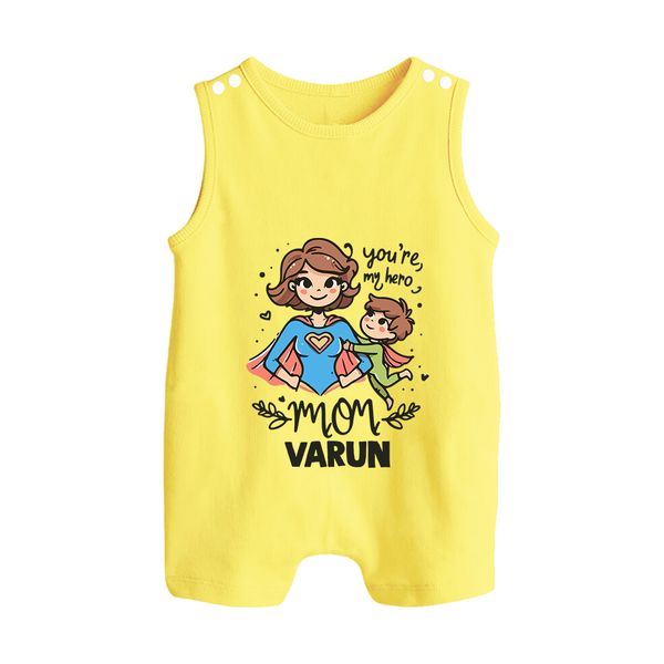 You’re My Hero Mom Baby BUTTON ROMPER Set – Super Mom Theme Outfit - PASTEL YELLOW - New Born (Chest 18")