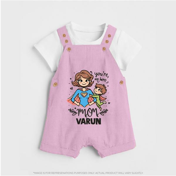 You’re My Hero Mom Baby BUTTON DUNGAREE Set – Super Mom Theme Outfit - BABY PINK - 0 - 5 Months Old (Chest 18")