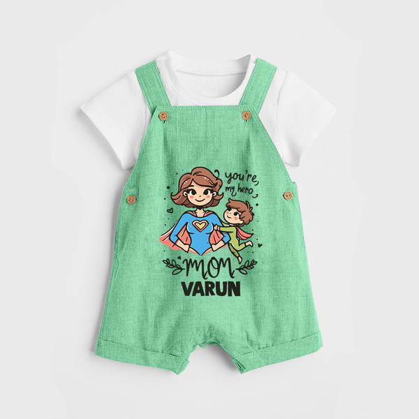 You’re My Hero Mom Baby BUTTON DUNGAREE Set – Super Mom Theme Outfit - GREEN - 0 - 5 Months Old (Chest 18")