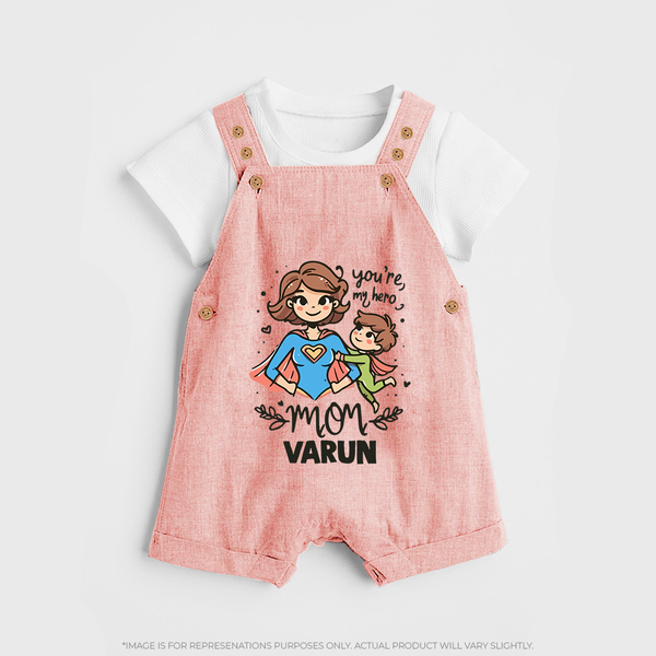 You’re My Hero Mom Baby BUTTON DUNGAREE Set – Super Mom Theme Outfit - PEACH - 0 - 5 Months Old (Chest 18")