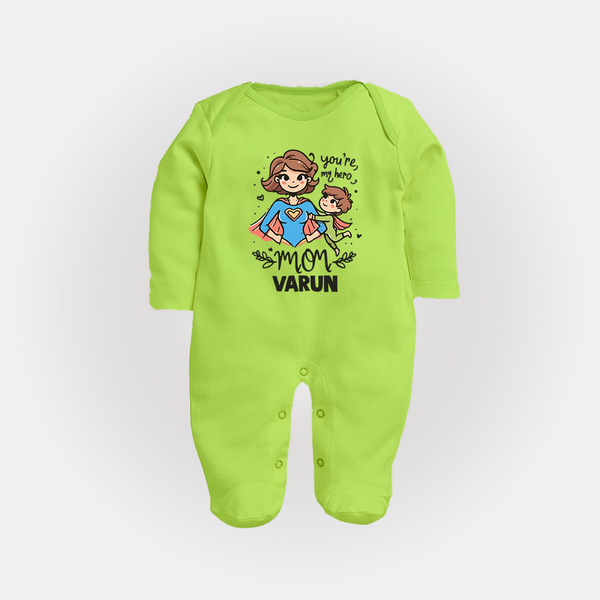 You’re My Hero Mom Baby Full body suit Set – Super Mom Theme Outfit - LIME GREEN - New Born (Chest 7.5")