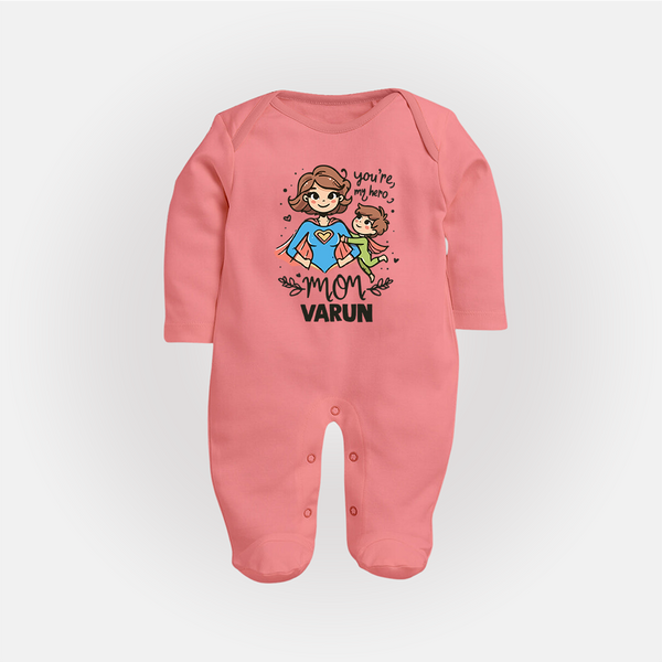 You’re My Hero Mom Baby Full body suit Set – Super Mom Theme Outfit - PEACH - New Born (Chest 7.5")