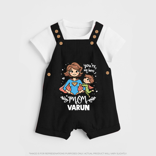 You’re My Hero Mom Baby BUTTON DUNGAREE Set – Super Mom Theme Outfit - BLACK - 0 - 5 Months Old (Chest 18")