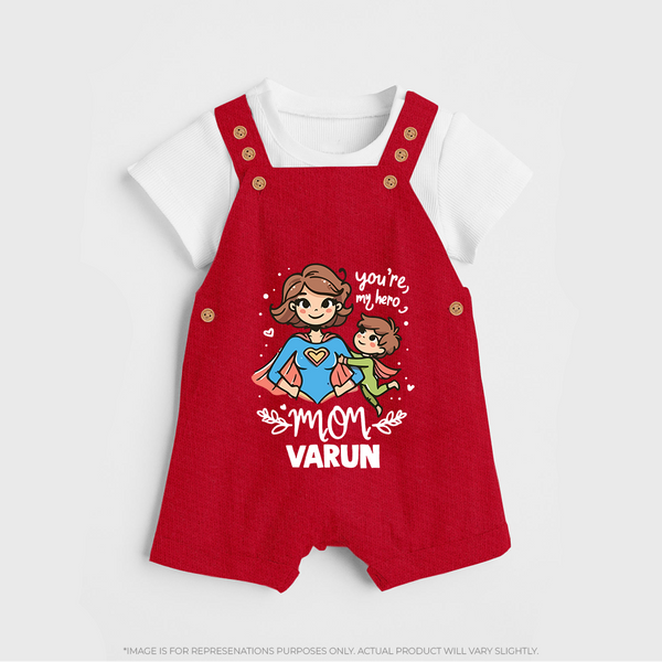 You’re My Hero Mom Baby BUTTON DUNGAREE Set – Super Mom Theme Outfit - RED - 0 - 5 Months Old (Chest 18")