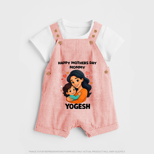 Happy Mother’s Day Mommy Baby BUTTON DUNGAREE Set – Loving Mom Theme Outfit - PEACH - 0 - 5 Months Old (Chest 18")