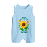 Happy Mother’s Day Baby BUTTON ROMPER Set – Sunflower Theme Outfit - BABY BLUE - New Born (Chest 18")