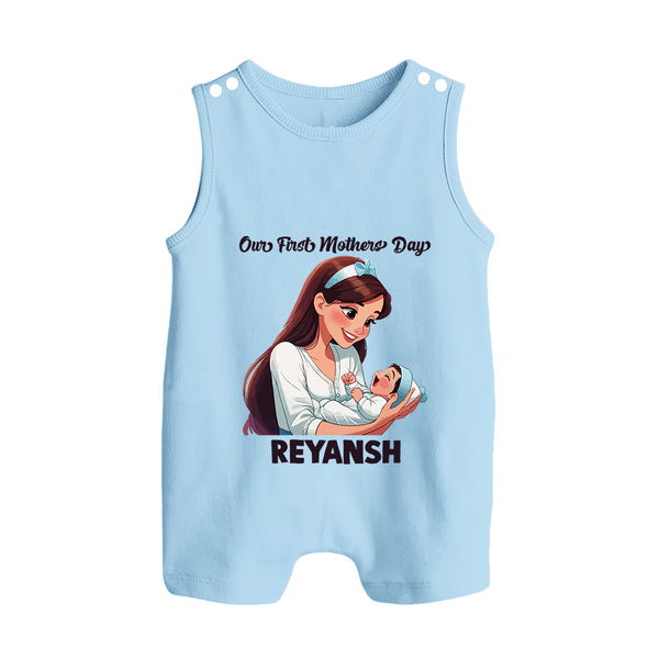 Our First Mother’s Day Baby BUTTON ROMPER Set – New Mom Special Outfit - BABY BLUE - New Born (Chest 18")