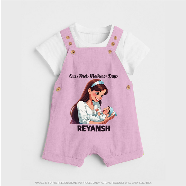 Our First Mother’s Day Baby BUTTON DUNGAREE Set – New Mom Special Outfit - BABY PINK - 0 - 5 Months Old (Chest 18")