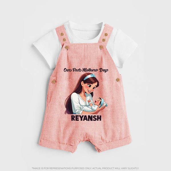 Our First Mother’s Day Baby BUTTON DUNGAREE Set – New Mom Special Outfit - PEACH - 0 - 5 Months Old (Chest 18")