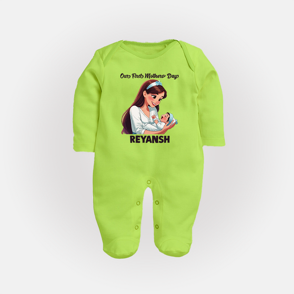 Our First Mother’s Day Baby Full body suit Set – New Mom Special Outfit - LIME GREEN - New Born (Chest 7.5")