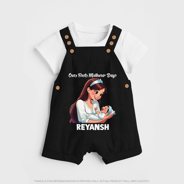 Our First Mother’s Day Baby BUTTON DUNGAREE Set – New Mom Special Outfit - BLACK - 0 - 5 Months Old (Chest 18")